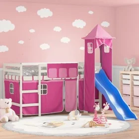 Cama alta para niños con torre madera pino rosa 80x200 cm de , Camas y somieres - Ref: Foro24-3207068, Precio: 287,34 €, Desc...
