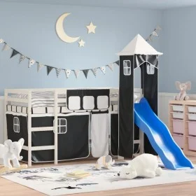 Children's loft bed with black white pine wood tower 90x200 cm by , Beds and slatted bases - Ref: Foro24-3207075, Price: 345,...