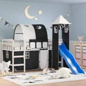 Children's loft bed with black white pine wood tower 90x190 cm by , Beds and slatted bases - Ref: Foro24-3207111, Price: 345,...
