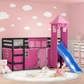 High bed for children with pink pine wood tower 90x190 cm by , Beds and slatted bases - Ref: Foro24-3207089, Price: 289,02 €,...