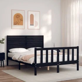 Estructura cama de matrimonio con cabecero madera maciza negro de , Camas y somieres - Ref: Foro24-3193185, Precio: 198,67 €,...