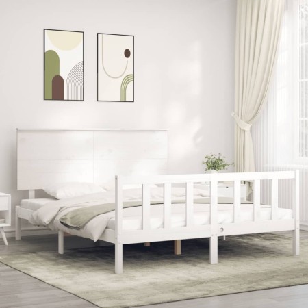 Estructura de cama matrimonio con cabecero madera maciza blanco de , Camas y somieres - Ref: Foro24-3193407, Precio: 159,51 €...