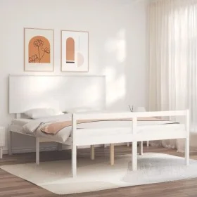 Double bed for seniors with white solid wood headboard by , Beds and slatted bases - Ref: Foro24-3195487, Price: 194,79 €, Di...