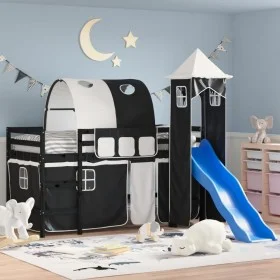 Cama alta niños con torre madera pino blanco negro 90x190 cm de , Camas y somieres - Ref: Foro24-3207114, Precio: 302,78 €, D...