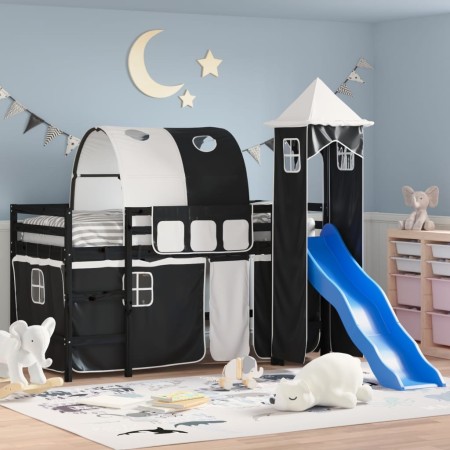 Cama alta niños con torre madera pino blanco negro 90x190 cm de , Camas y somieres - Ref: Foro24-3207114, Precio: 306,30 €, D...