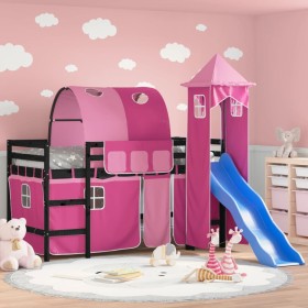 Cama alta para niños con torre madera pino rosa 90x190 cm de , Camas y somieres - Ref: Foro24-3207116, Precio: 310,38 €, Desc...