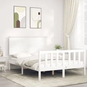 Estructura cama de matrimonio con cabecero madera maciza blanco de , Camas y somieres - Ref: Foro24-3193377, Precio: 162,91 €...