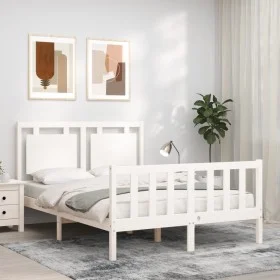 Estructura cama de matrimonio con cabecero madera maciza blanco de , Camas y somieres - Ref: Foro24-3192142, Precio: 179,76 €...