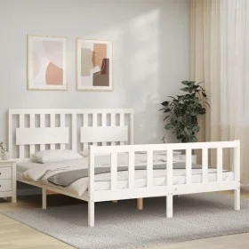 Estructura de cama matrimonio con cabecero madera maciza blanco de , Camas y somieres - Ref: Foro24-3192432, Precio: 158,35 €...