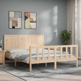 Bed frame with solid wood headboard 160x200 cm by , Beds and slatted bases - Ref: Foro24-3192631, Price: 163,22 €, Discount: %