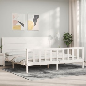 Estructura cama de matrimonio con cabecero madera maciza blanco de , Camas y somieres - Ref: Foro24-3192767, Precio: 225,57 €...