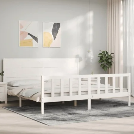 Double bed frame with white solid wood headboard by , Beds and slatted bases - Ref: Foro24-3192767, Price: 222,17 €, Discount: %