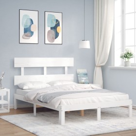 Estructura cama de matrimonio con cabecero madera maciza blanco de , Camas y somieres - Ref: Foro24-3193502, Precio: 128,76 €...