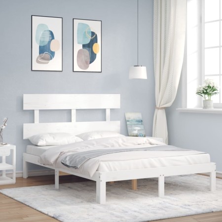 Estructura cama de matrimonio con cabecero madera maciza blanco de , Camas y somieres - Ref: Foro24-3193502, Precio: 128,76 €...