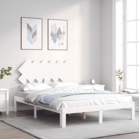 Estructura cama de matrimonio con cabecero madera maciza blanco de , Camas y somieres - Ref: Foro24-3193697, Precio: 132,33 €...