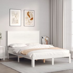Estructura cama de matrimonio con cabecero madera maciza blanco de , Camas y somieres - Ref: Foro24-3193637, Precio: 155,78 €...