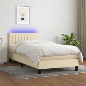 Box spring bed mattress and LED lights cream fabric 90x200 cm by , Beds and slatted bases - Ref: Foro24-3133290, Price: 282,9...