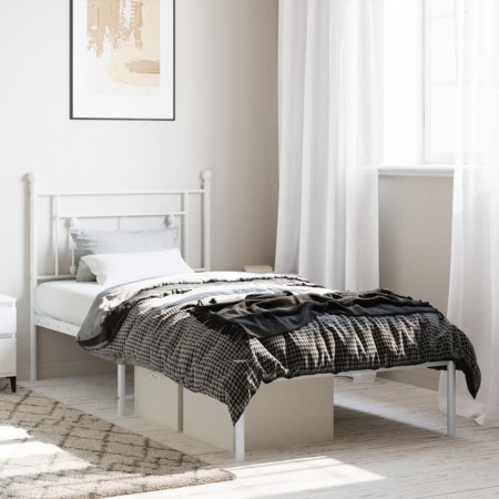 Estructura de cama de metal con cabecero blanco 90x190 cm de , Camas y somieres - Ref: Foro24-374380, Precio: 64,17 €, Descue...