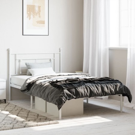 Estructura de cama de metal con cabecero blanco 107x203 cm de , Camas y somieres - Ref: Foro24-374384, Precio: 71,61 €, Descu...