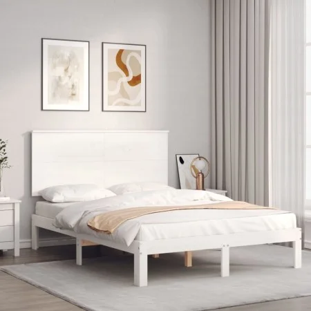 White solid wood bed frame with headboard 140x200 cm by , Beds and slatted bases - Ref: Foro24-3193662, Price: 159,54 €, Disc...