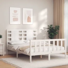 Double bed frame with white solid wood headboard by , Beds and slatted bases - Ref: Foro24-3192792, Price: 164,52 €, Discount: %