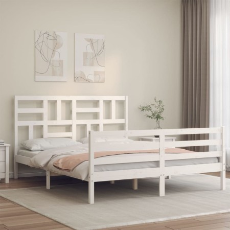 Estructura de cama matrimonio con cabecero madera maciza blanco de , Camas y somieres - Ref: Foro24-3194902, Precio: 148,44 €...