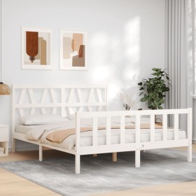Estructura de cama matrimonio con cabecero madera maciza blanco de , Camas y somieres - Ref: Foro24-3192497, Precio: 160,72 €...