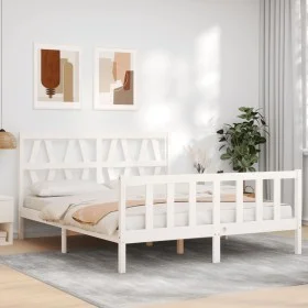Estructura de cama matrimonio con cabecero madera maciza blanco de , Camas y somieres - Ref: Foro24-3192497, Precio: 158,58 €...
