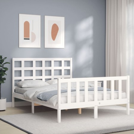 Estructura cama de matrimonio con cabecero madera maciza blanco de , Camas y somieres - Ref: Foro24-3192077, Precio: 151,52 €...