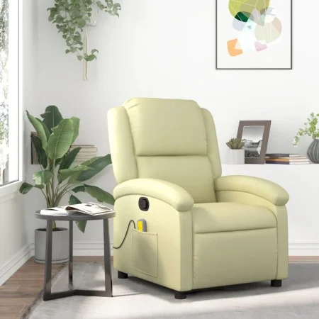 Sillón reclinable de masaje cuero auténtico crema de , Sillones - Ref: Foro24-371795, Precio: 318,57 €, Descuento: %