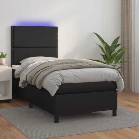 Cama box spring colchón y LED cuero sintético negro 100x200 cm de , Camas y somieres - Ref: Foro24-3135867, Precio: 336,49 €,...