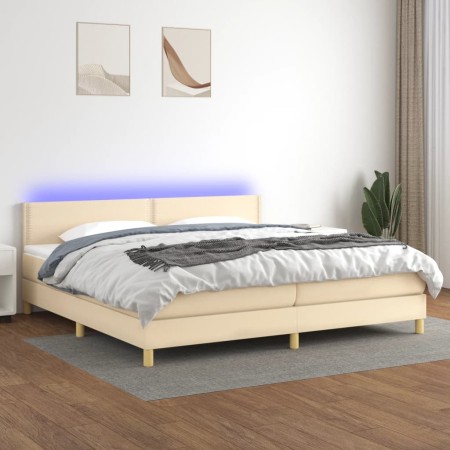Cama box spring con colchón y LED tela crema 200x200 cm de , Camas y somieres - Ref: Foro24-3133666, Precio: 529,42 €, Descue...