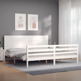 Estructura cama de matrimonio con cabecero madera maciza blanco de , Camas y somieres - Ref: Foro24-3194652, Precio: 210,94 €...