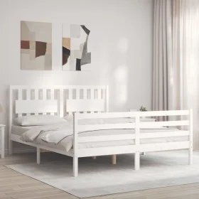 Estructura de cama matrimonio con cabecero madera maciza blanco de , Camas y somieres - Ref: Foro24-3194317, Precio: 156,30 €...