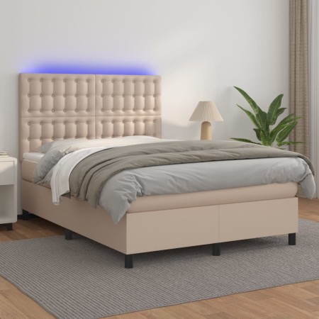 Cama box spring colchón LED cuero sintético capuchino 140x190cm de , Camas y somieres - Ref: Foro24-3135944, Precio: 521,79 €...