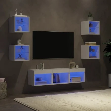 Muebles de TV de pared con LED 7 pzas madera ingeniería blanco de , Muebles TV - Ref: Foro24-3216583, Precio: 129,59 €, Descu...