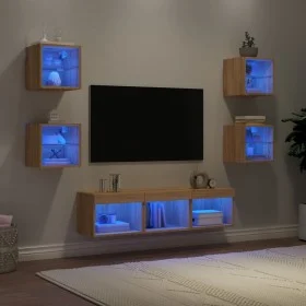 Muebles TV pared con LED 7 pzas madera ingeniería roble Sonoma de , Muebles TV - Ref: Foro24-3216585, Precio: 125,40 €, Descu...