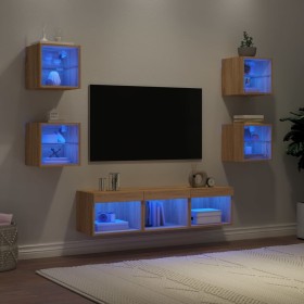 Muebles TV pared con LED 7 pzas madera ingeniería roble Sonoma de , Muebles TV - Ref: Foro24-3216585, Precio: 128,18 €, Descu...