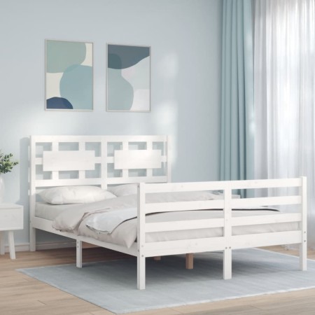 Estructura cama de matrimonio con cabecero madera maciza blanco de , Camas y somieres - Ref: Foro24-3194417, Precio: 163,48 €...