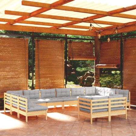 Muebles de jardín 12 pzas y cojines gris madera maciza de pino de , Conjuntos de jardín - Ref: Foro24-3097270, Precio: 909,46...