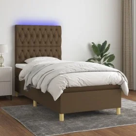 Cama box spring colchón luces LED tela marrón oscuro 100x200cm de , Camas y somieres - Ref: Foro24-3135656, Precio: 398,16 €,...