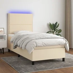 Cama box spring colchón y luces LED tela crema 90x200 cm de , Camas y somieres - Ref: Foro24-3134770, Precio: 320,47 €, Descu...
