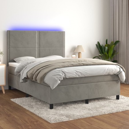 Cama box spring colchón y LED terciopelo gris claro 140x190 cm de , Camas y somieres - Ref: Foro24-3136059, Precio: 511,09 €,...
