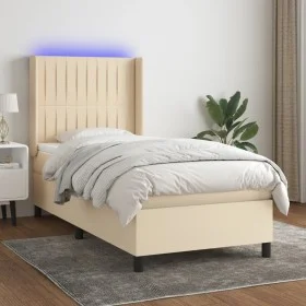 Box spring bed mattress and LED lights cream fabric 80x200 cm by , Beds and slatted bases - Ref: Foro24-3138434, Price: 333,0...