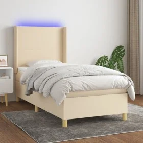 Box spring bed mattress and LED lights cream fabric 80x200 cm by , Beds and slatted bases - Ref: Foro24-3138674, Price: 346,0...