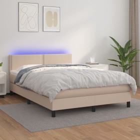 Cama box spring colchón LED cuero sintético capuchino 140x190cm de , Camas y somieres - Ref: Foro24-3134164, Precio: 417,20 €...