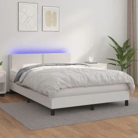 Cama box spring colchón y LED cuero sintético blanco 140x190 cm de , Camas y somieres - Ref: Foro24-3134160, Precio: 477,32 €...