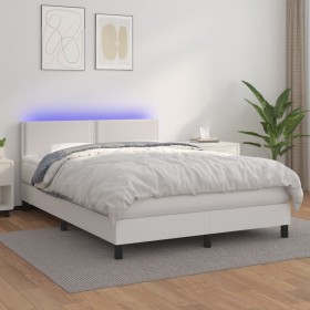 Cama box spring colchón y LED cuero sintético blanco 140x190 cm de , Camas y somieres - Ref: Foro24-3134160, Precio: 464,02 €...