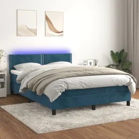 Cama box spring colchón y LED terciopelo azul oscuro 140x200 cm de , Camas y somieres - Ref: Foro24-3134349, Precio: 415,59 €...