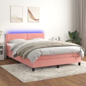 Cama box spring colchón y LED terciopelo rosa 140x200 cm de , Camas y somieres - Ref: Foro24-3134350, Precio: 411,96 €, Descu...